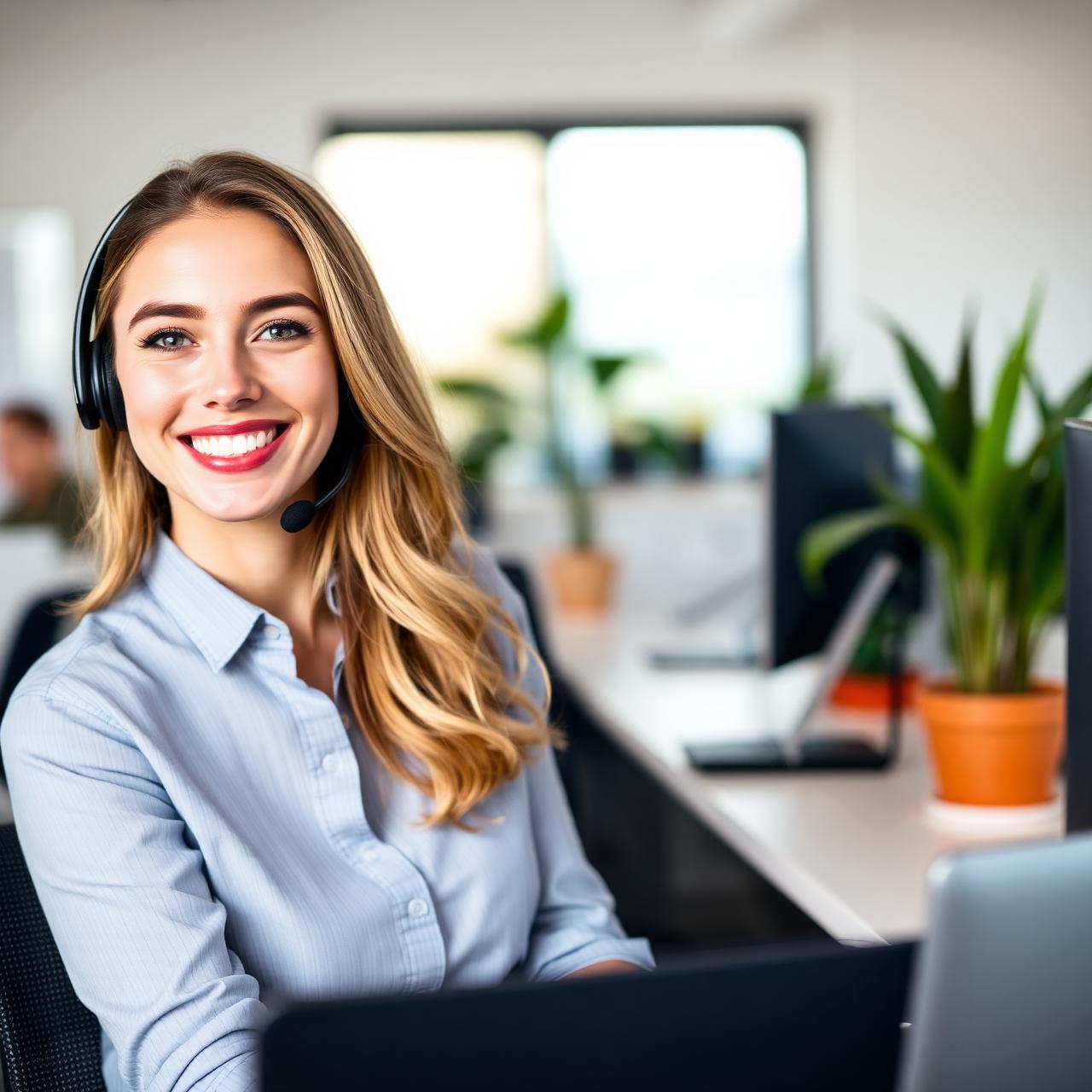 Atendente sorrindo com headset em ambiente moderno